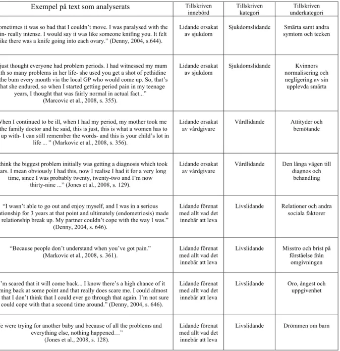 Tabell 3: Exempel på analyserad text och indelning i kategori/underkategori  