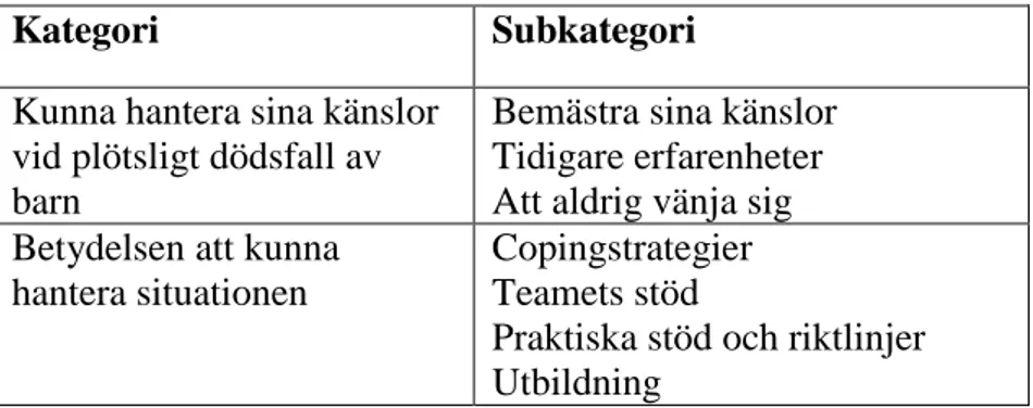 Tabell 2. Översikt av kategorier med subkategorier 