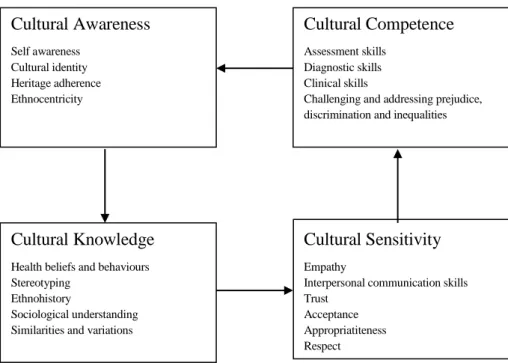 Figur 1. The Model for Development of Transcultural Competence  Cultural Awareness Self awareness Cultural identity Heritage adherence Ethnocentricity Cultural Knowledge 