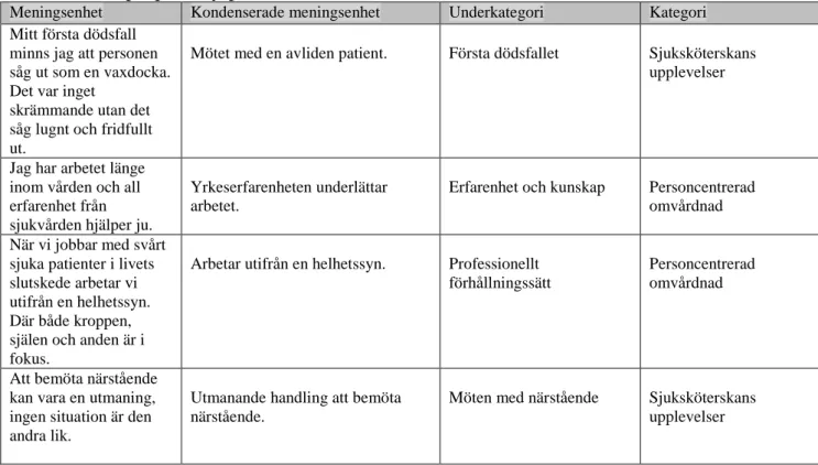 Tabell 1 Exempel på analysprocessen 