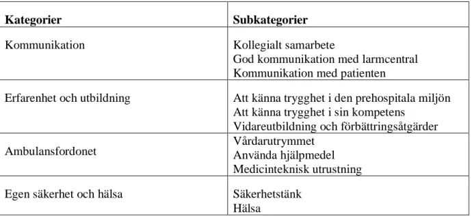 Tabell 2. Översikt över kategorier och subkategorier 