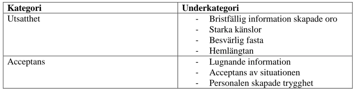 Tabell 2. Översikt av kategorier och underkategorier. 