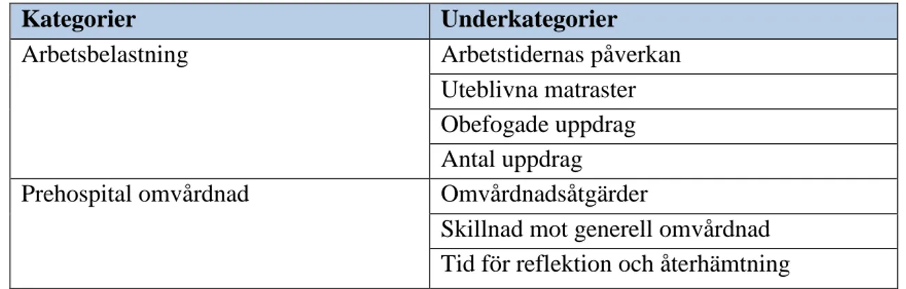 Tabell 1: Översikt över kategorier och underkategorier. 