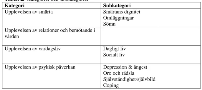 Tabell 2.  Kategorier och subkategorier 