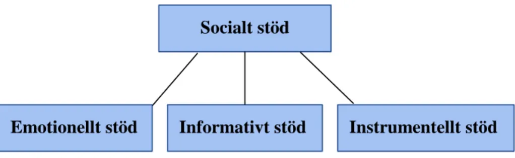 Figur 1.  En beskrivning av begreppet “Socialt stöd” och dess förgreningar enligt Ghasemipoor, Ghasemi och  Zamani (2010) och Cohen och Wills (1985) illustrerad av författarna 
