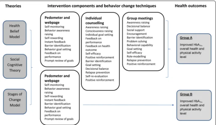 Fig. 4 Conceptual framework of Sophia Step Study. The conceptual framework depicts the underlying theories, the intervention components with the behavior change techniques used and the expected outcomes for the two intervention groups