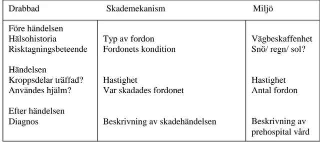 Figur 1. Haddons matris, dokumentationsstöd för utökad journalföring (Haddon, 1999). 