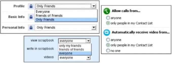 Figure 7. Example of categories in the privacy settings of social networks. Facebook (upper left), Orkut  and Skype (right) (Source: Kärger &amp; Siberski 2010)   