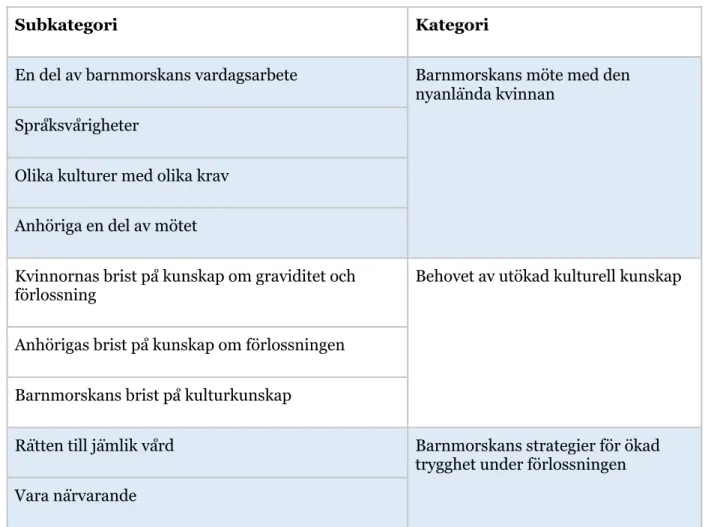 Tabell 2: Subkategorier och kategorier. 