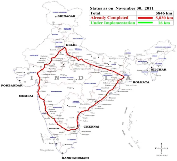 Figure 9 - Map showing the Golden Quadrilateral (NHDP, 2011)