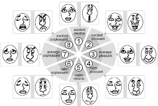 Figur 7 - Ansiktsuttryck i förhållande till den cirumplexa modellen, av Desmet et al. (2001) 