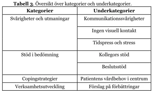 Tabell 3. Översikt över kategorier och underkategorier. 
