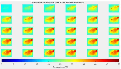 Figure 12: Rainbow coloured temperature visualisation of a known fault-free PCB over 30 minutes with 60 seconds interval between each image.