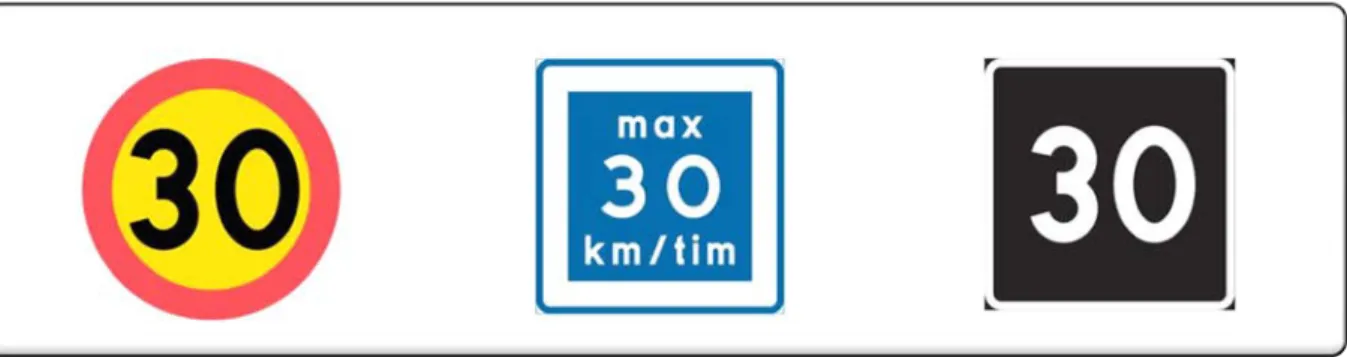 Figur 1. Första märket visar förbudsmärket, C31, andra visar märket för rekommenderad lägre hastighet, E11  och det tredje visar märket för rekommenderad högsta hastighet, E13