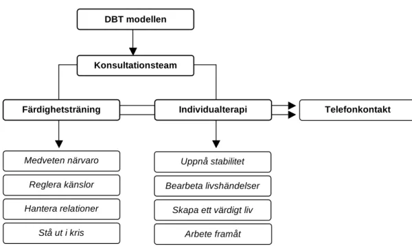 Figur 1. DBT modellens struktur, hur terapin är uppbyggd och ordning (Kåver, 2002, s 85).
