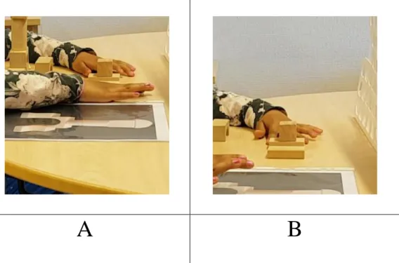 Figur  10.  Bild  A  och  B  illustrerar  när  en  elev  gör  en  gest  som  tydliggör  var  två  kuber  ska  placeras i konstruktionen