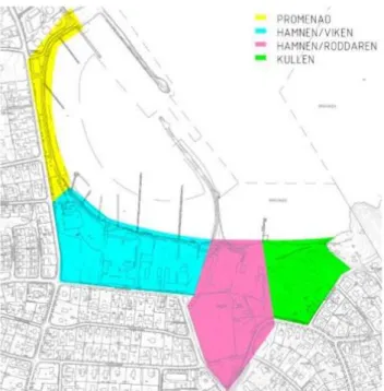 Figur 11: Figuren visar uppdelningen av områden som gjort i dagvattenutredningen. 