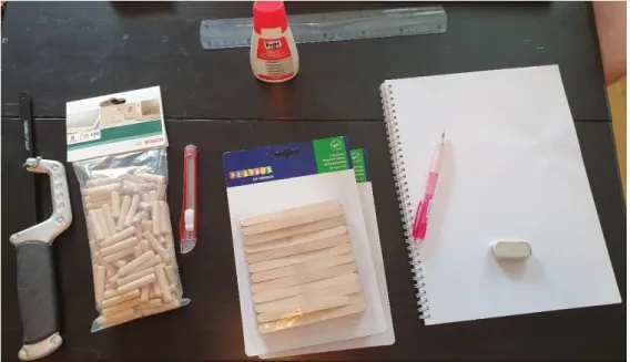 Figur 7 Material för att bygga funktionsprototyp. Såg, träplugg, kniv, linjal, hobbylim, glasspinnar, penna, sudd och papper