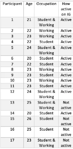 Table 2: Information about participants occupation and how active they are on Instagram