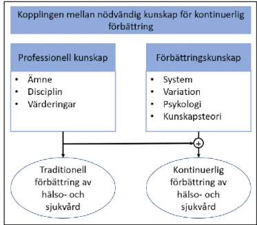 Figur 3. Komponenterna av professionell kunskap och  förbättringskunskap  med  kopplingen  som  utgör  förutsättning för kontinuerlig förbättring (Batalden &amp; 