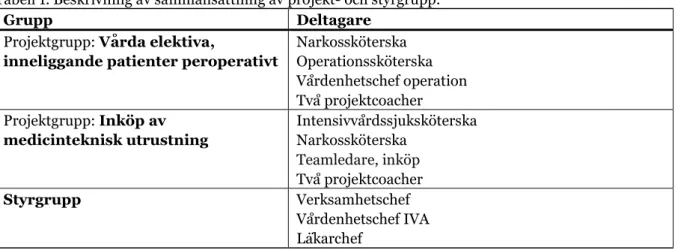 Tabell 1. Beskrivning av sammansättning av projekt- och styrgrupp. 