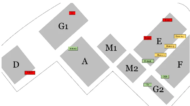 Figur 8: Karta över fallföretagets anläggning – utvalda platser markerade  4.3.1  Kross 