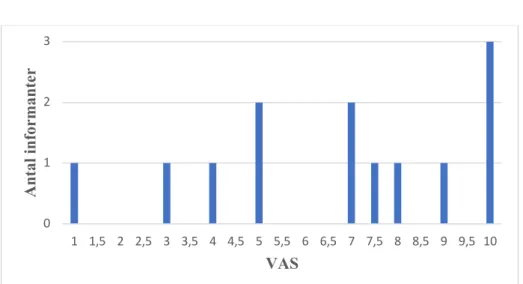 Figur 2. Hur meningsfullt skattar informanterna sina vardagsaktiviteter enligt VAS (1–10) där 1 är  sämsta tänkbara värde och 10 är bästa tänkbara värde (n=13).