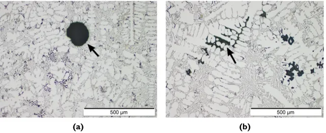 Figure 12. Images showing (a) gas porosity and (b) shrinkage porosity. Etched with  H 2 SO 4 