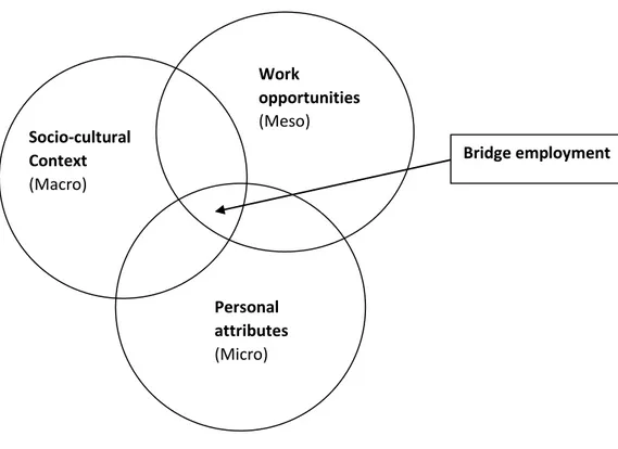 Figure 1. Bridge employment seen from three system levels (Freely from Shultz, 2003) Socio-cultural Context (Macro) Work opportunities (Meso) Personal attributes (Micro)  Bridge employment 