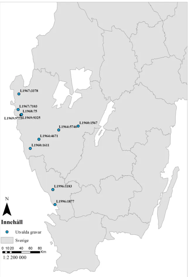 Figur 1. En översiktskarta av de tio utvalda gravarna. Lokaler från FMIS, bakgrundskarta ©Lantmäteriet 