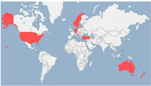 Figur 5. Världskarta med markeringar på vilka länder som texterna kommer från. Figur baserad på  bild hämtad från https://www.globalis.se/.