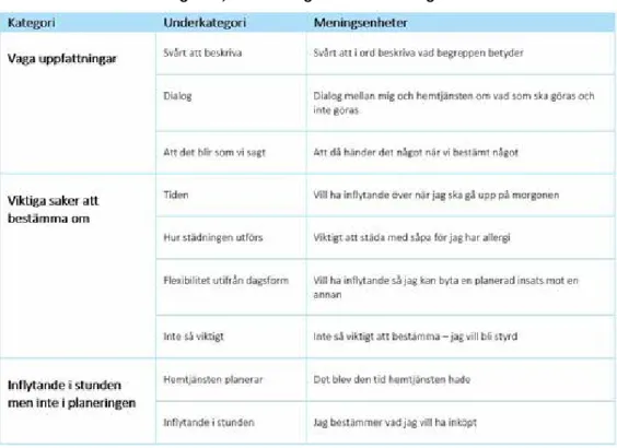 Tabell 3: Översikt av kategorier, underkategorier och meningsenheter. 