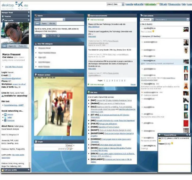 Fig. 3: Taolin’s interface   source: FBK   On the left side you see the profile, in the center there are the widgets and bottom right there is a chat  win-dow opened