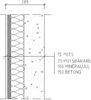 Figur 10: Uppbyggnad av putsvägg med bärande betongstomme. 