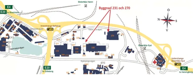 Figur 13: Karta över Scanias område i Södertälje, där byggnad 231 och 270 är utmarkerade