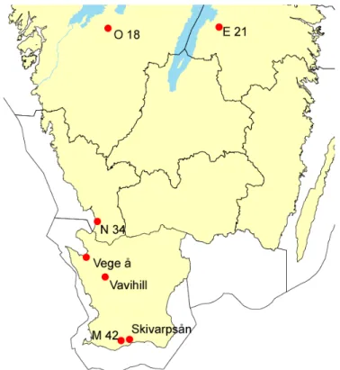 Figur 1. Lokalisering av typområden (O 18, E 21, N 34 och M 42), åar (Skivarpsån och Vegeå) och  nederbördsstation (Vavihill) som ingår i övervakningsprogrammet för bekämpningsmedel 2002-2008