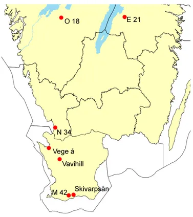 Figur 1. Lokalisering av typområden, åar samt nederbördsstation som ingår i övervakningsprogrammet för  bekämpningsmedel