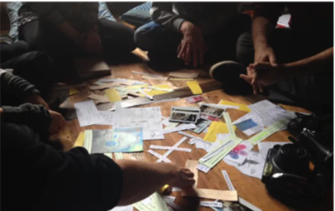 Figure 3: The picture shows the collective discussing over the  representations and materials gathered from the workshops and site  visits