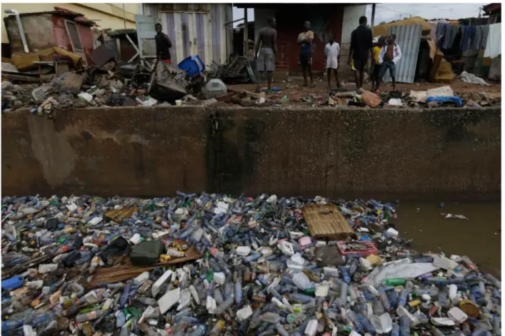 Figure 2: An open drain in Accra choked with rubbish and waste.   Source:  News Ghana 2015 