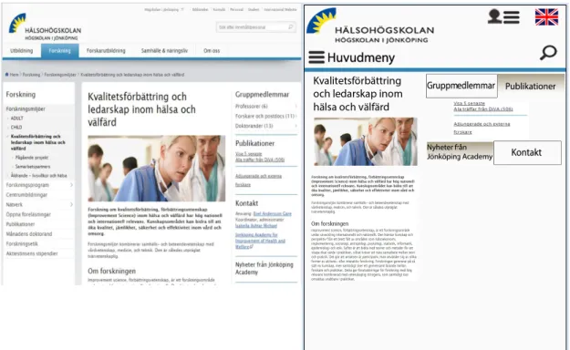 Figur 6 Kvalitetsförbättring sida: Befintlig webbplats (Bild1) (www.hj.se/hhj), två  spaltad (Bild2)  