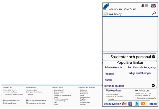 Figur 9 Befintlig webbplats sidfot (Bild1) (www.hj.se), enspaltad sidfot (Bild2) 