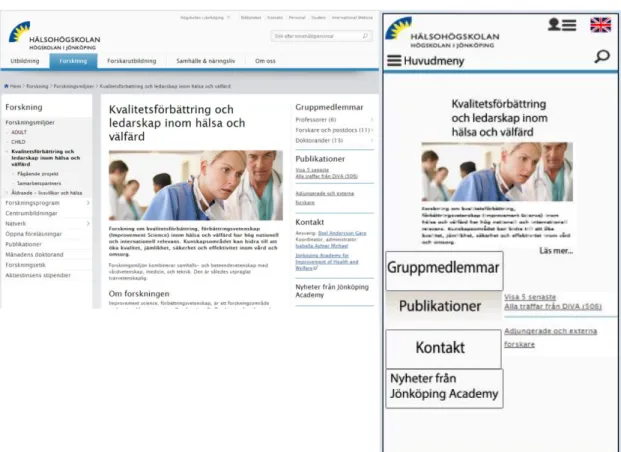 Figur 13 Kvalitetsförbättring: befintlig webbplats (Bild1) (www.hj.se/hhj), enspaltad  (Bild2) 