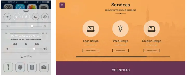 Figur 1. Platt design i iOS 7 (Dambrāns, 2013) och en webbsida (iDevie, 2015) som utnyttjar platt design  