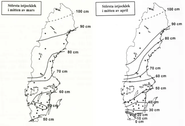 Figur 4. Största istjocklek i Sverige under mars (t.v.) och april (t.h.), streckad linje är osäker (Eklund, 1998)