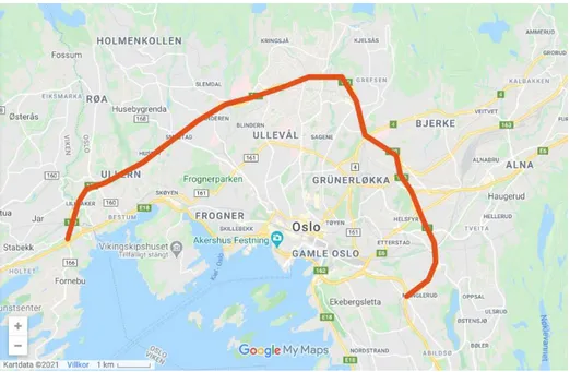 Figur 1: Ring 3 i Oslo (Google My Maps, 2021)