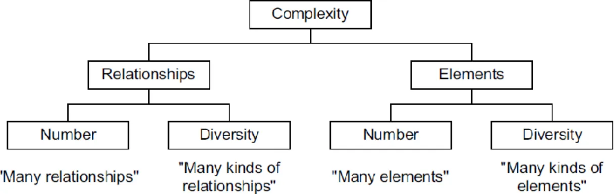 Figure 12 - Visualization of the drivers for complexity of a system (Marti, 2007) from (Patzak,  1982) 