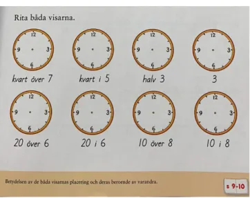 Figur 12 visar en uppgift från läromedlet Eldorado där elever ska placera ut visarna på klockan så att det stämmer med  klockslaget som anges