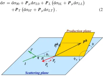 Fig. 1 The SIDIS kinematics shown for target deuteron polarisation P  antiparallel to the beam direction