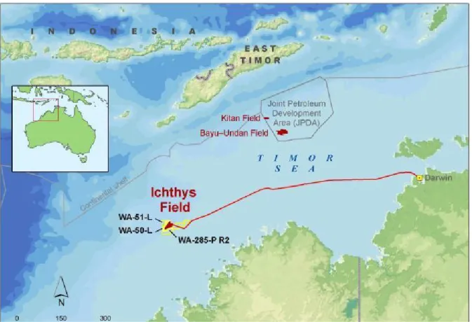 Figure 5: Localization of the Ichthys FPSO, CPF and the LNG facility connected by pipeline 