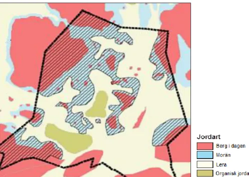 Figur 13. Samtliga infiltrationsområden baserat på geologi, infiltrationsområdena är streckade 